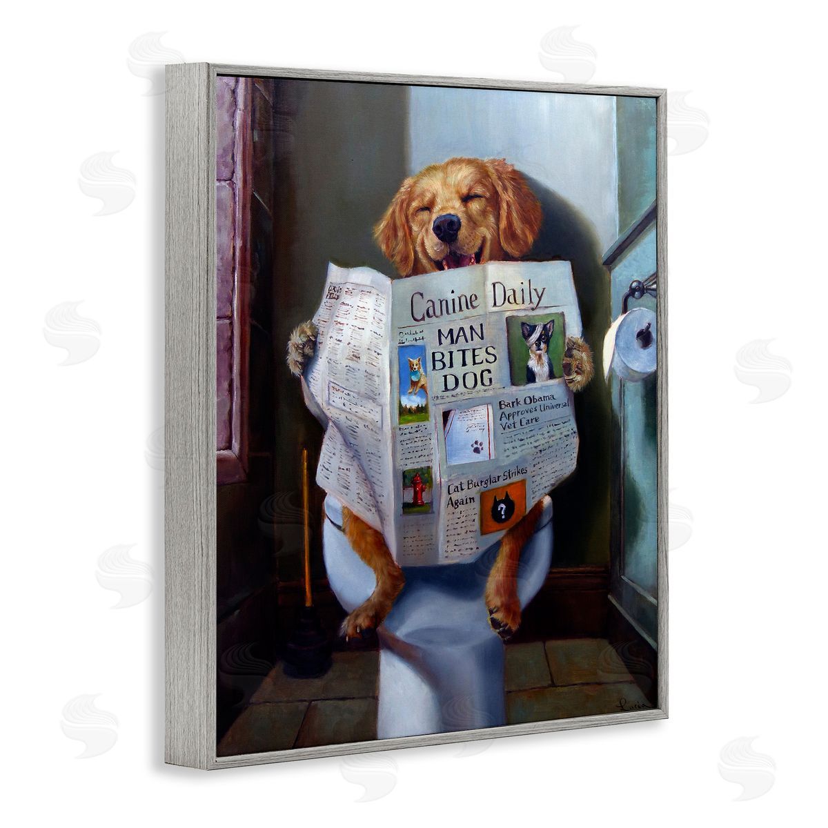 Dog Reading Newspaper On Toilet Grey Frame Print Wall Art, Home Decor by Lucia Heffernan