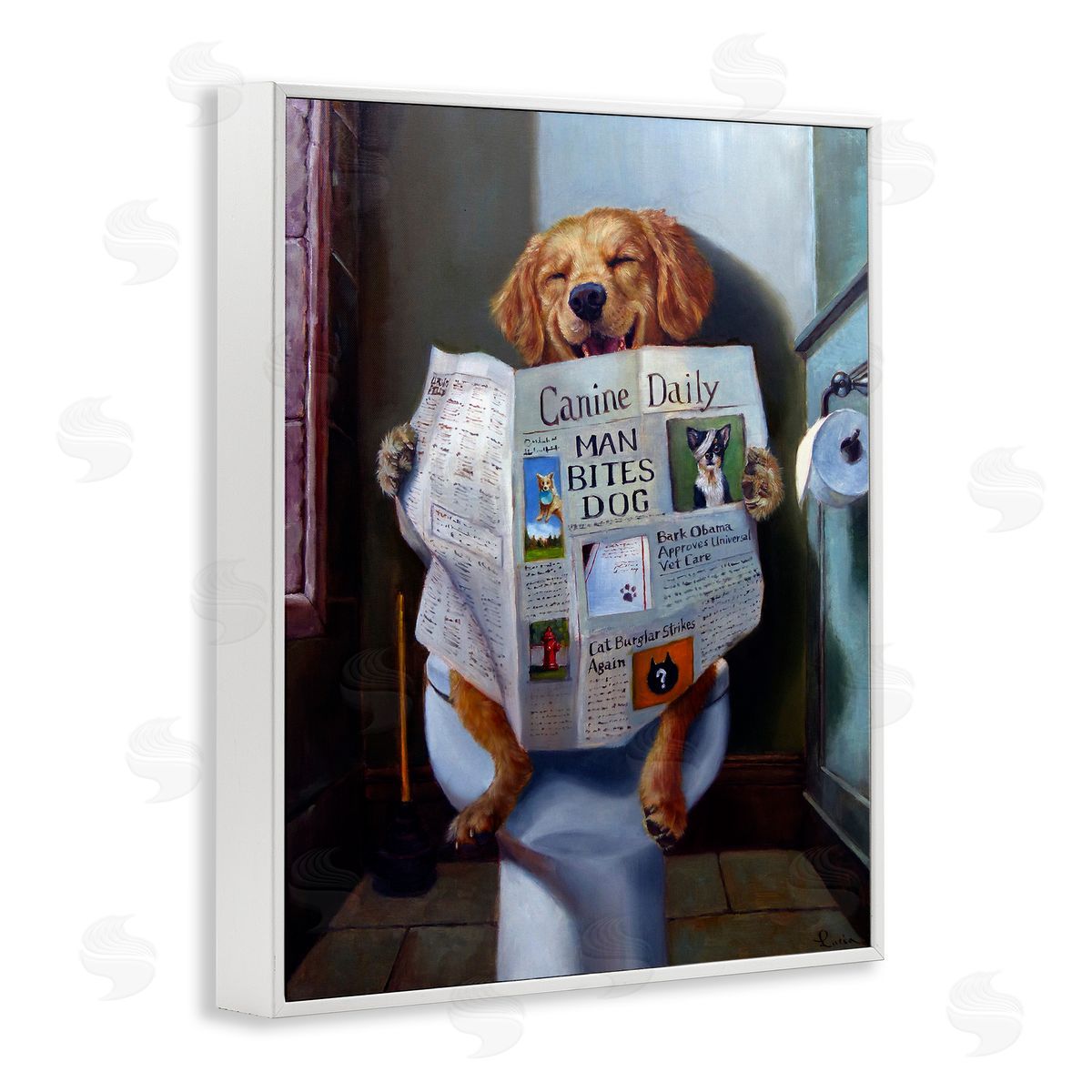 Dog Reading Newspaper On Toilet White Frame Print Wall Art, Home Decor by Lucia Heffernan