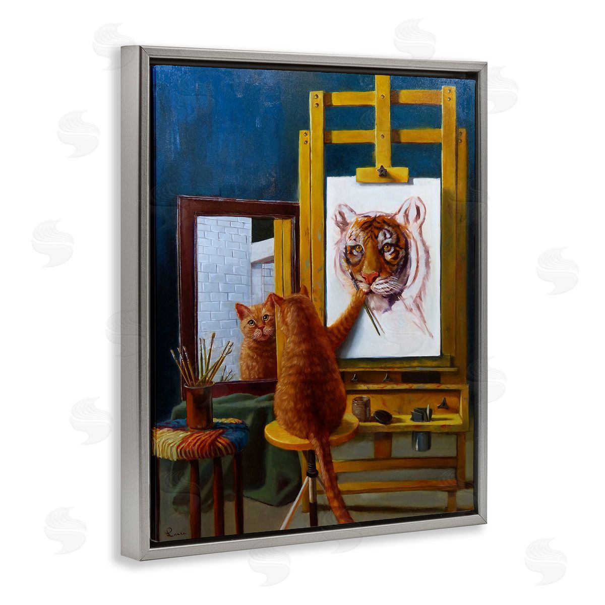 Cat Confidence Self Portrait Grey Floating Frame Canvas Wall Art, Home Decor by Lucia Heffernan