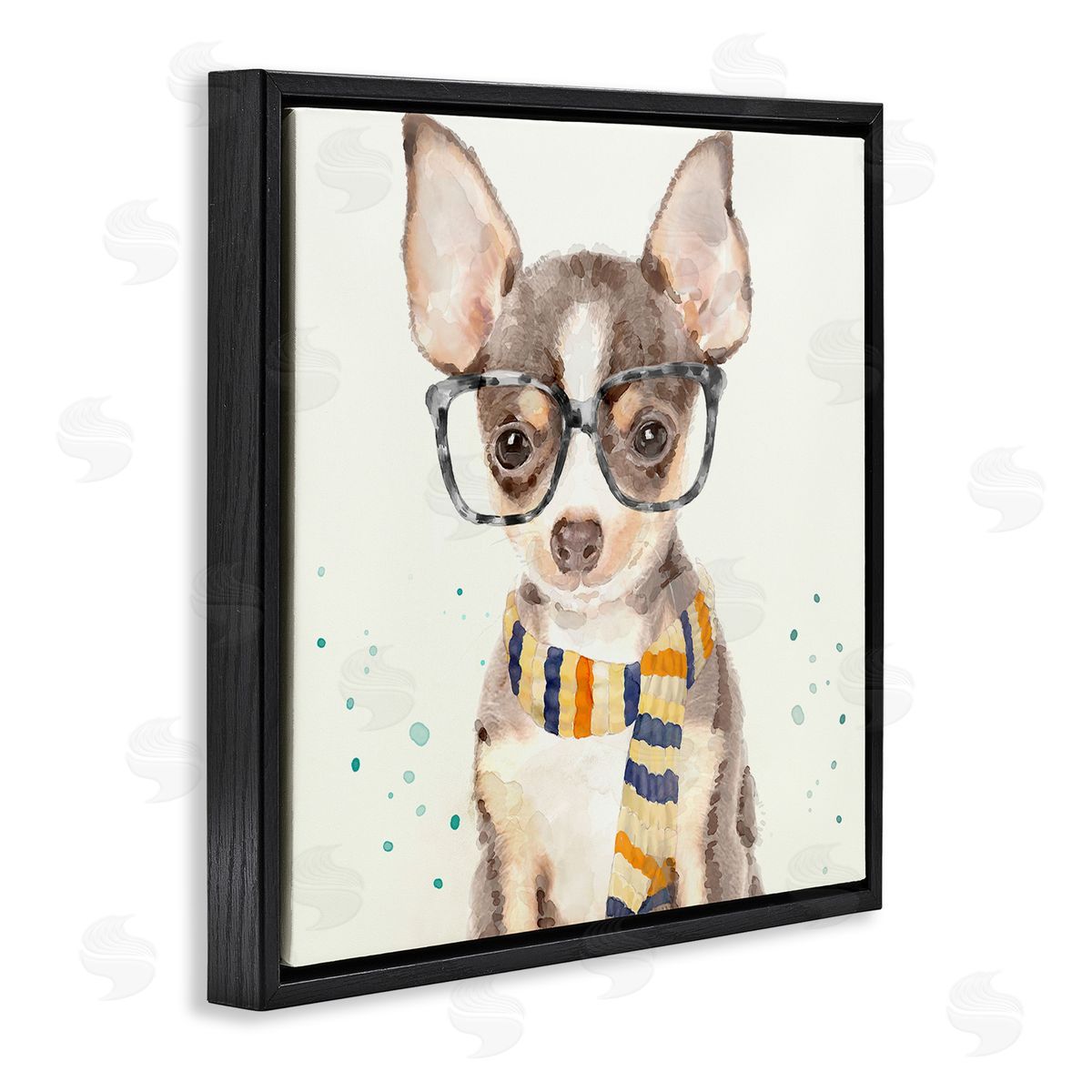Hipster Chihuahua Puppy Watercolor Black Floating Frame Canvas Wall Art, Home Decor by Main Line Art & Design