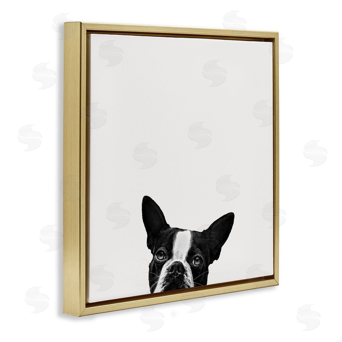 Dog Peeking From Below Gold Floating Frame Canvas Wall Art, Home Decor by Jon Bertelli