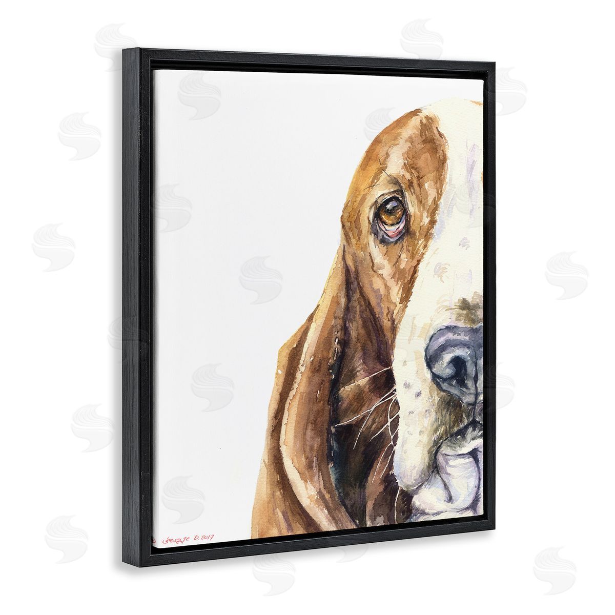 Cute Basset Hound Pet Watercolor Black Floating Frame Canvas Wall Art, Home Decor by George Dyachenko