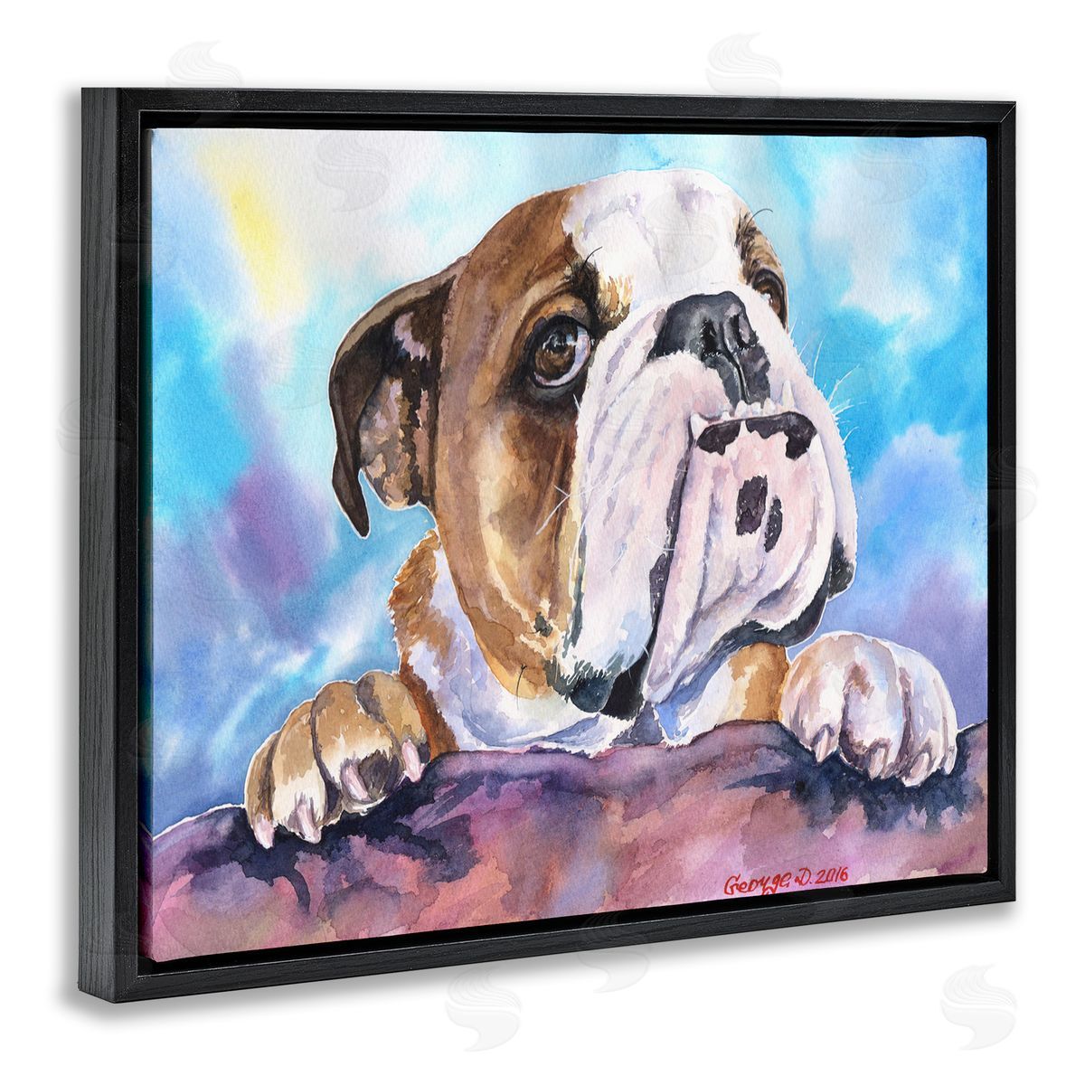 English Bulldog Dog Pet Watercolor Black Floating Frame Canvas Wall Art, Home Decor by George Dyachenko