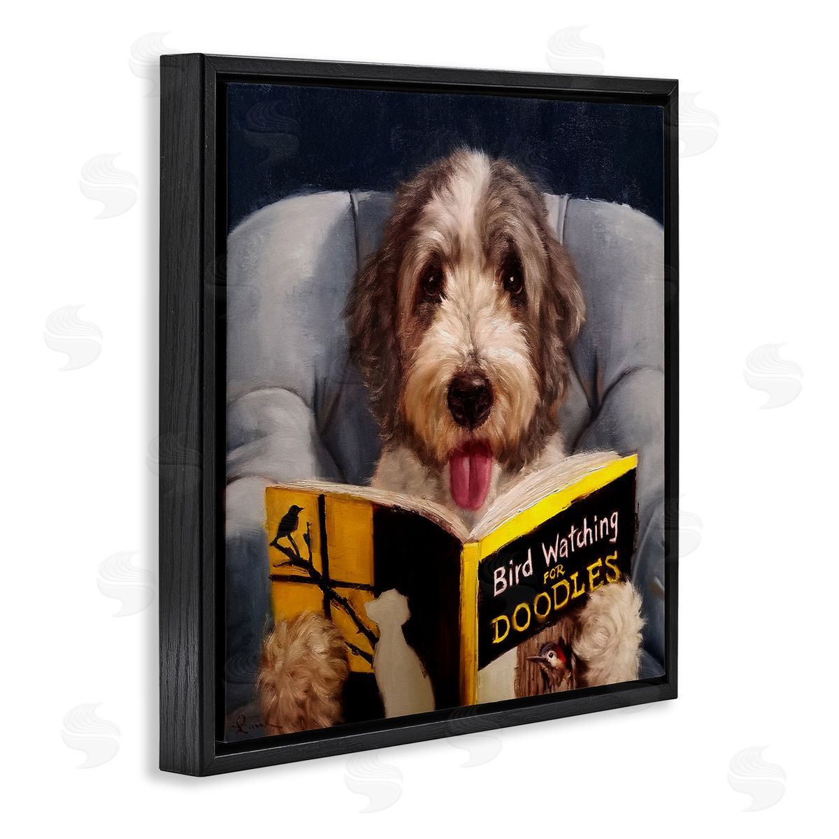 Dog with Bird Watching Book Black Floating Frame Canvas Wall Art, Home Decor by Lucia Heffernan
