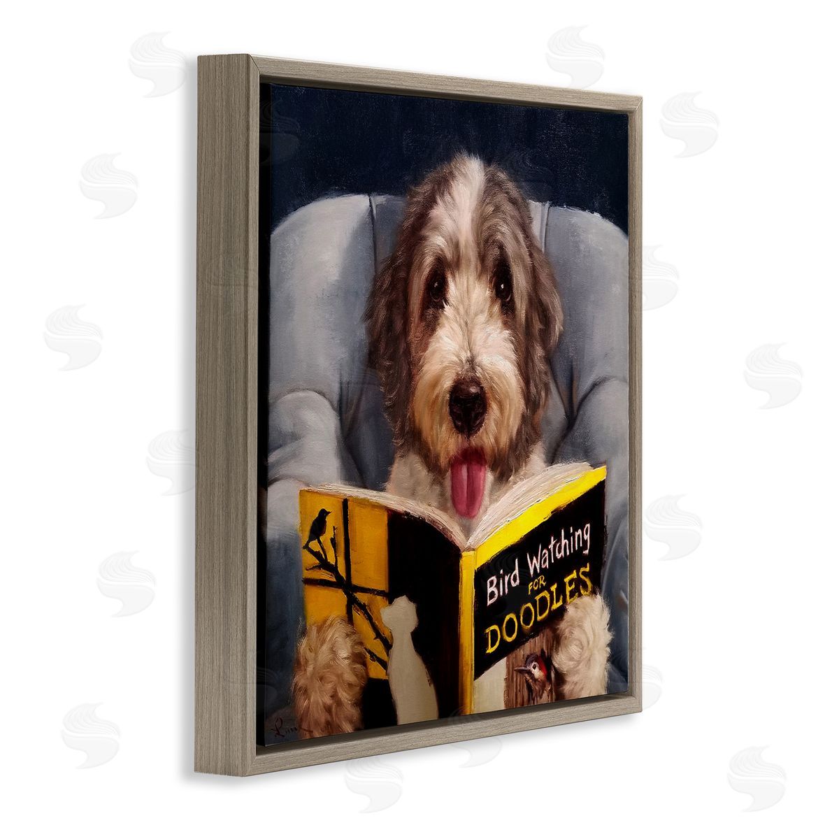 Dog with Bird Watching Book Brown Floating Frame Canvas Wall Art, Home Decor by Lucia Heffernan