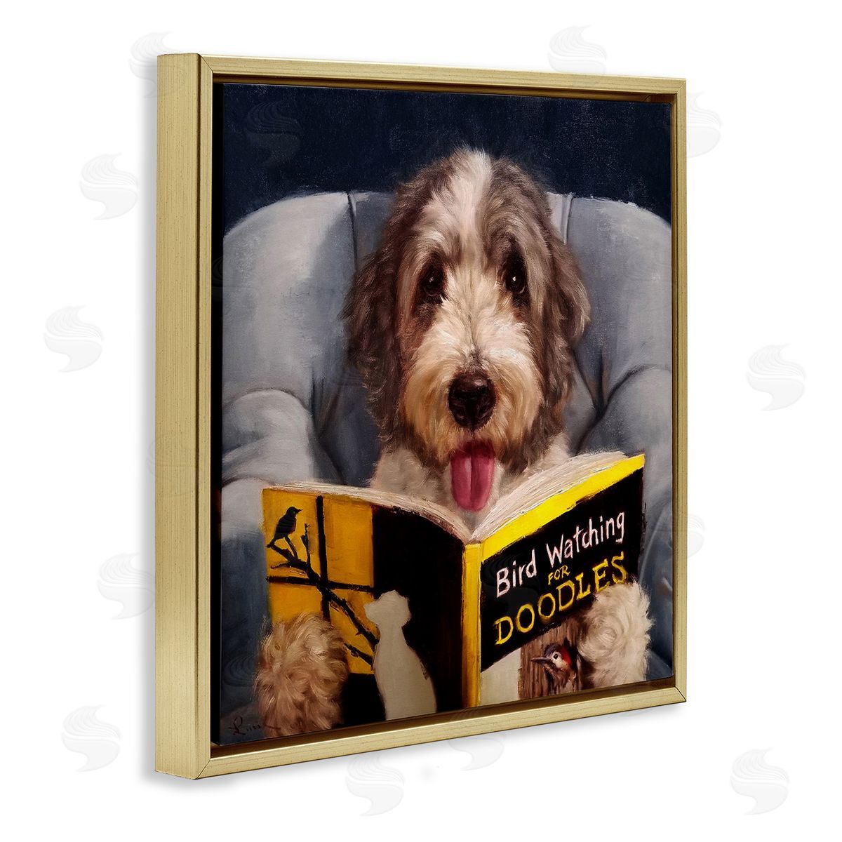 Dog with Bird Watching Book Gold Floating Frame Canvas Wall Art, Home Decor by Lucia Heffernan