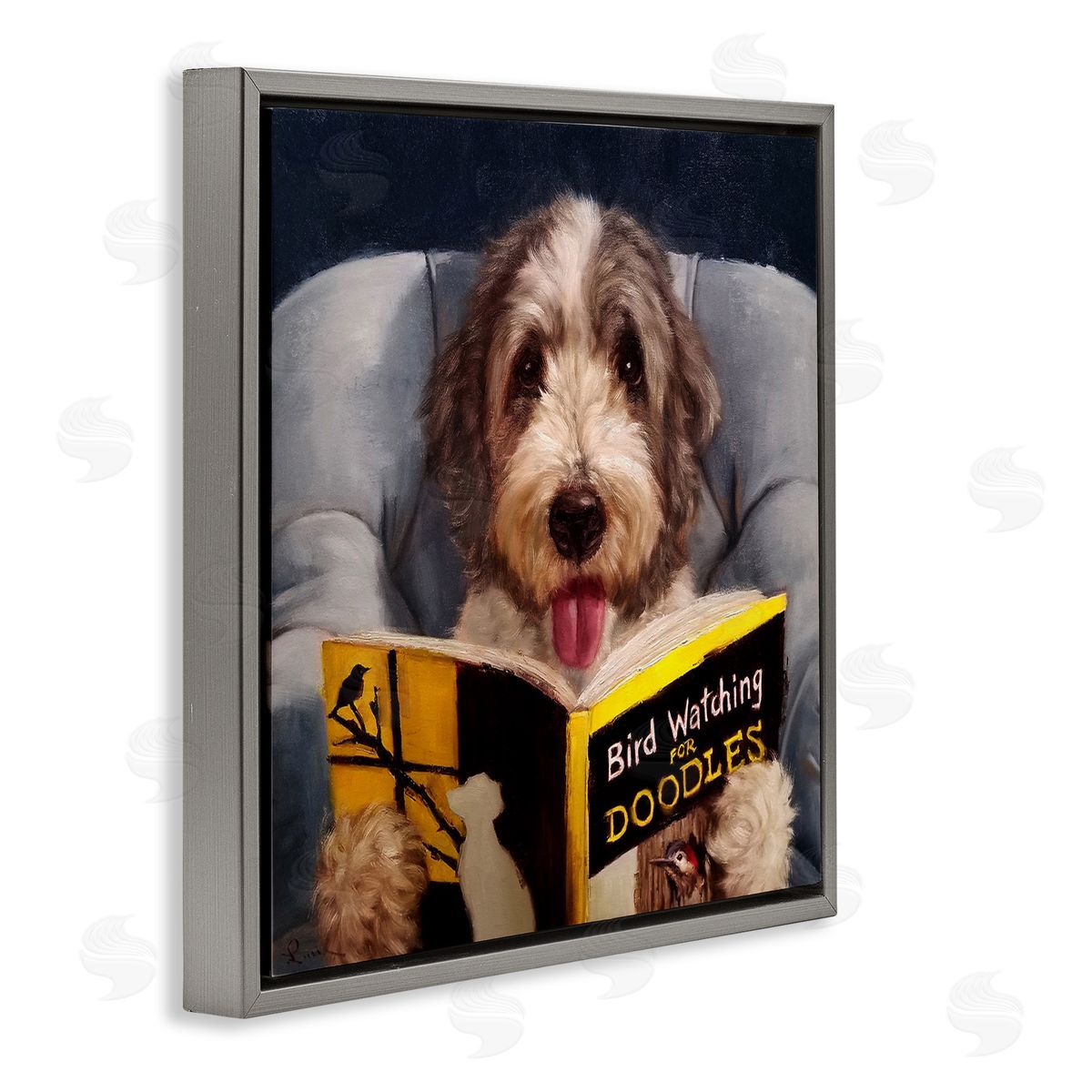 Dog with Bird Watching Book Grey Floating Frame Canvas Wall Art, Home Decor by Lucia Heffernan
