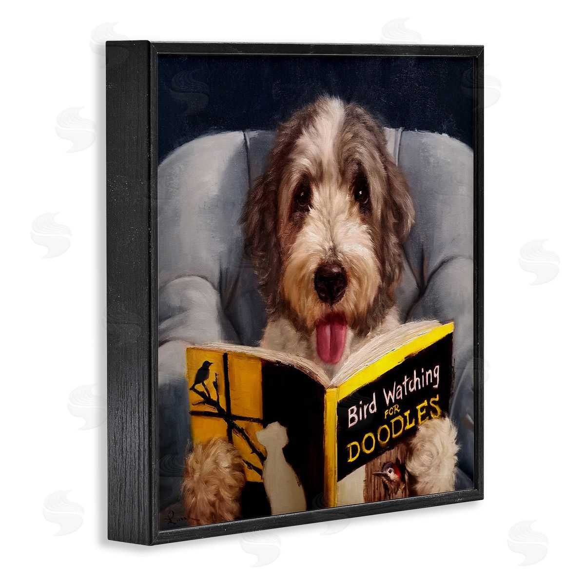 Dog with Bird Watching Book Black Frame Print Wall Art, Home Decor by Lucia Heffernan