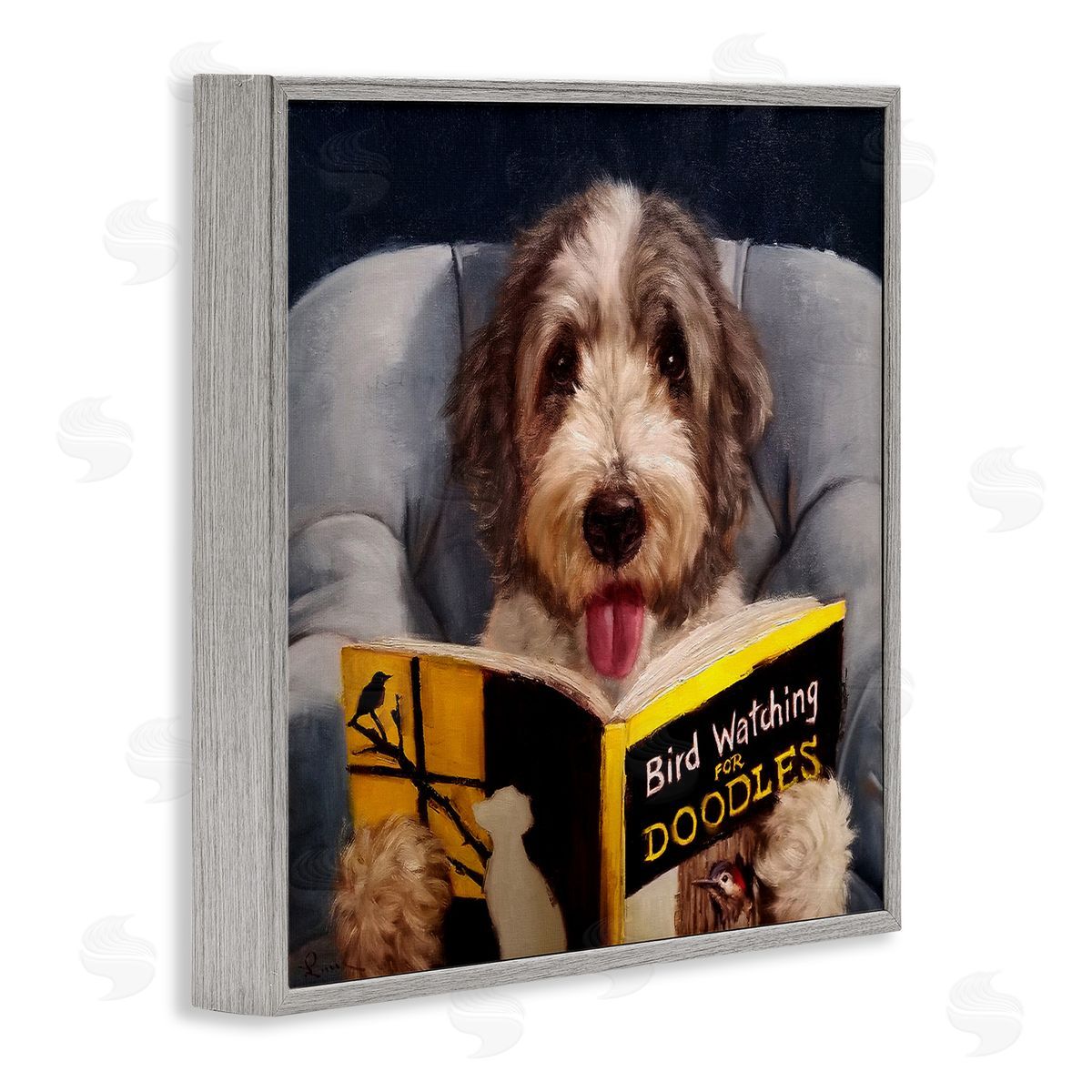 Dog with Bird Watching Book Grey Frame Print Wall Art, Home Decor by Lucia Heffernan