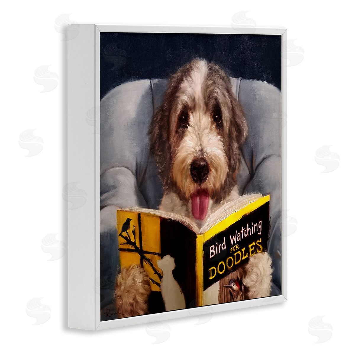Dog with Bird Watching Book White Frame Print Wall Art, Home Decor by Lucia Heffernan