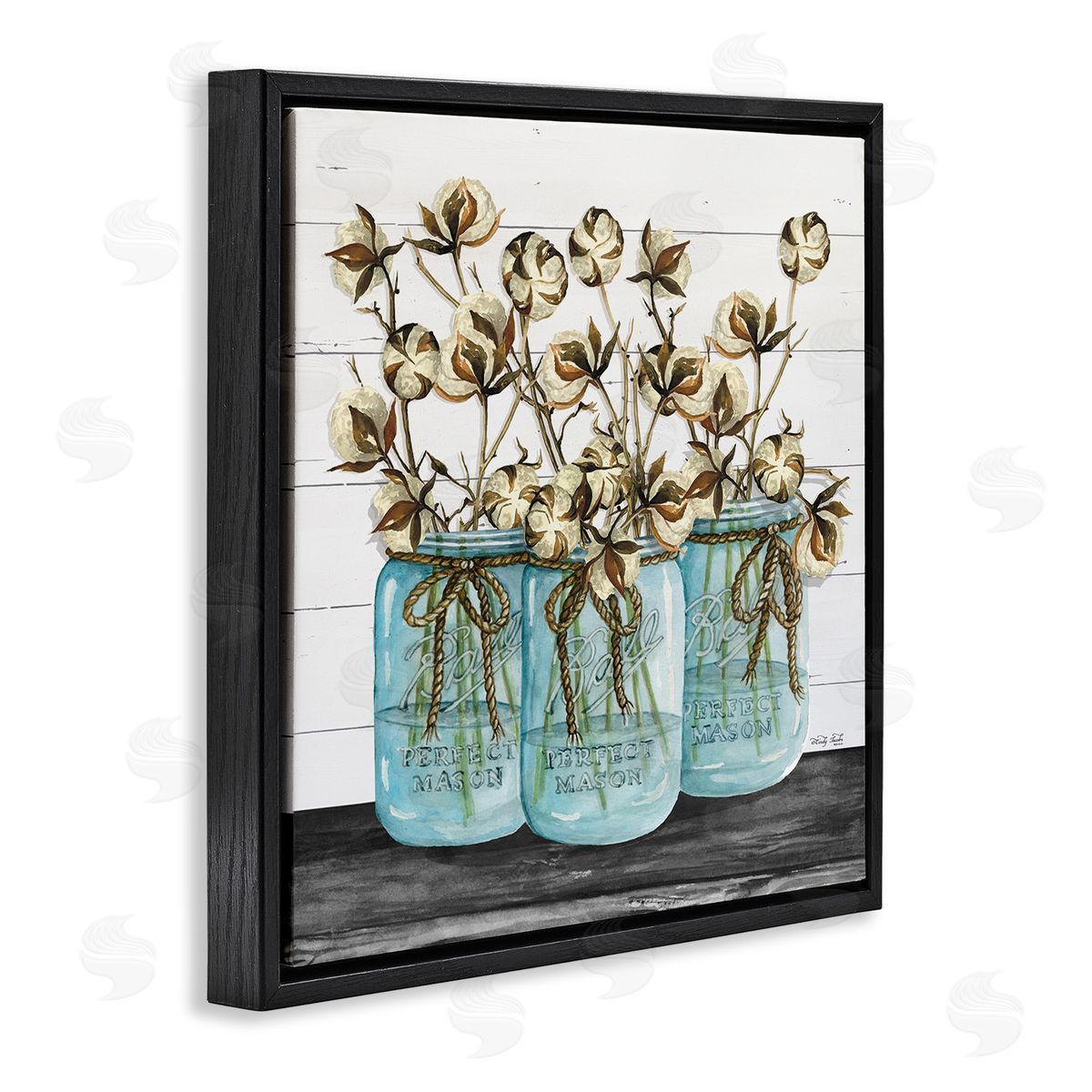 Cotton in Rustic Jars Black Floating Frame Canvas Wall Art, Home Decor by Cindy Jacobs