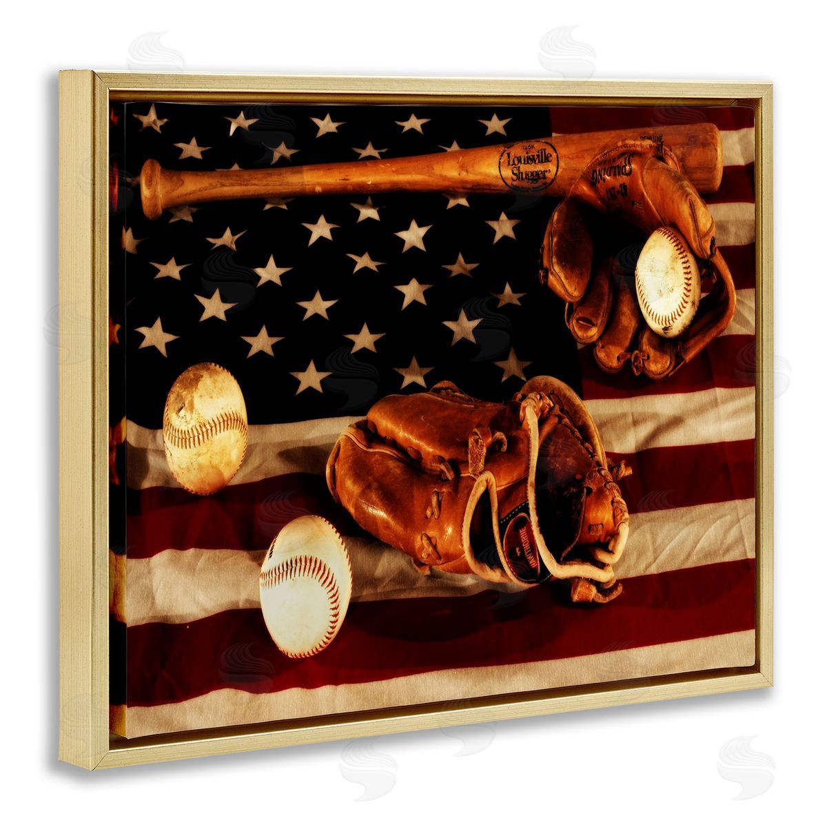 Vintage American Flag Baseball Photo Gold Floating Frame Canvas Wall Art, Home Decor by Daniel Sproul