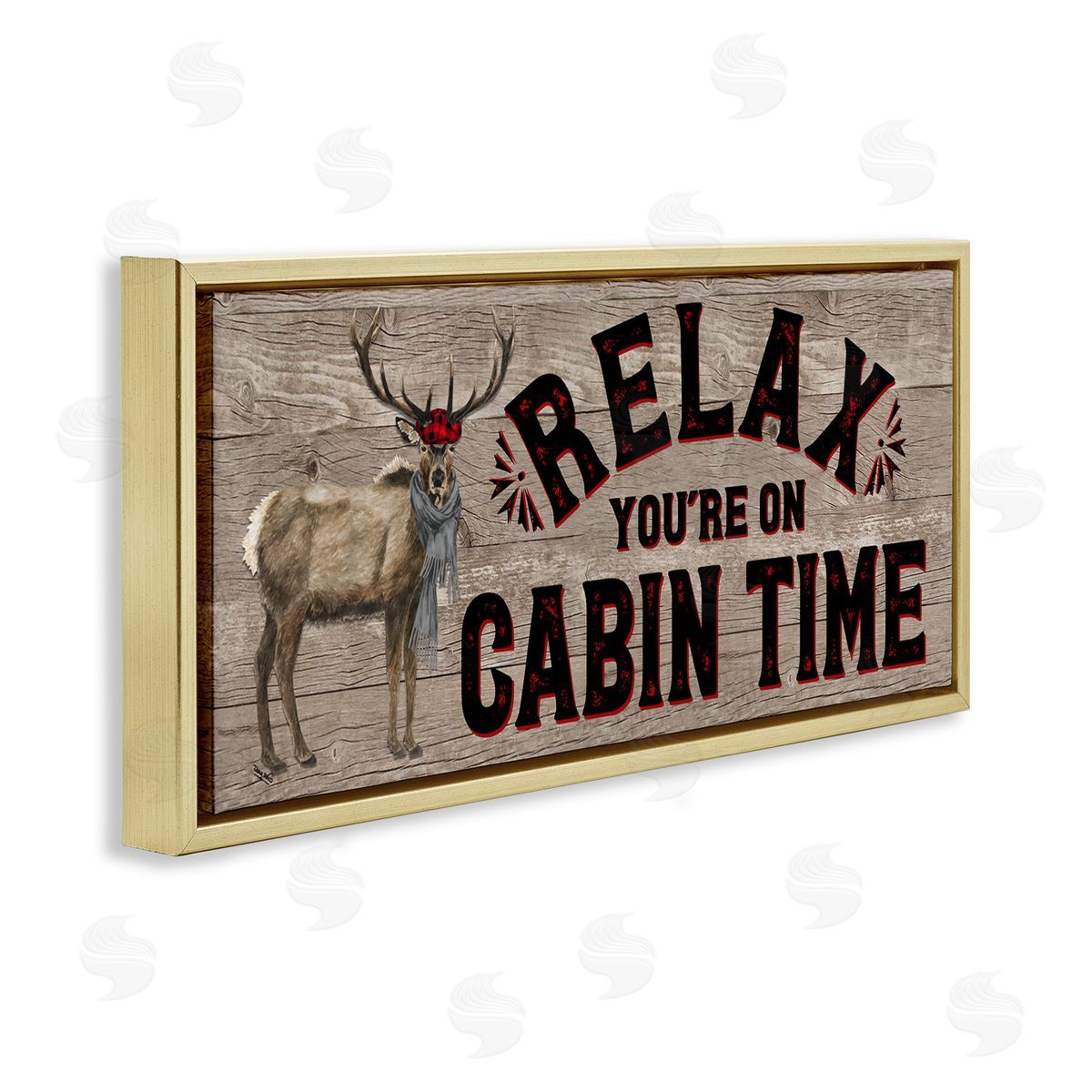 Cabin Time Phrase with Deer Gold Floating Frame Canvas Wall Art, Home Decor by Tara Reed