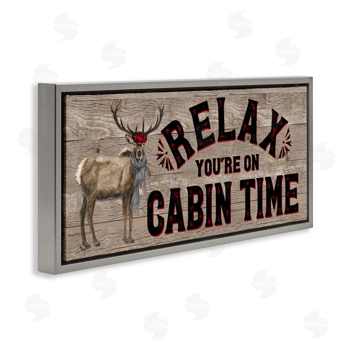 Cabin Time Phrase with Deer Grey Floating Frame Canvas Wall Art, Home Decor by Tara Reed