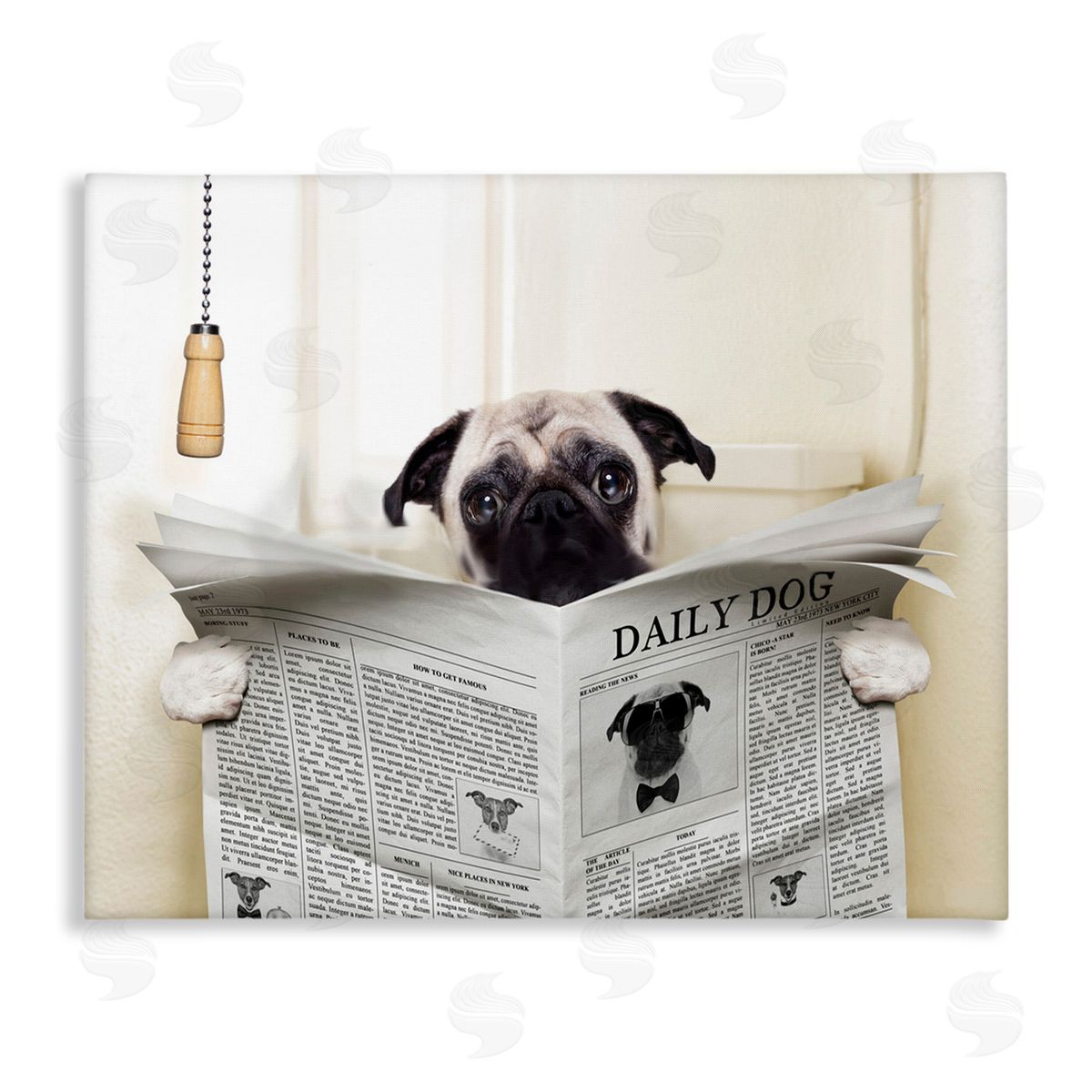 Pug Reading Newspaper in Bathroom Canvas Wall Art, Home Decor by In House Artist