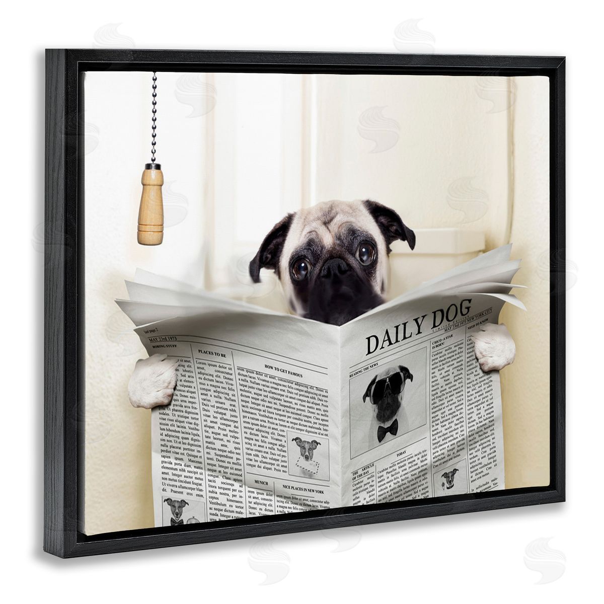 Pug Reading Newspaper in Bathroom Black Floating Frame Canvas Wall Art, Home Decor by In House Artist