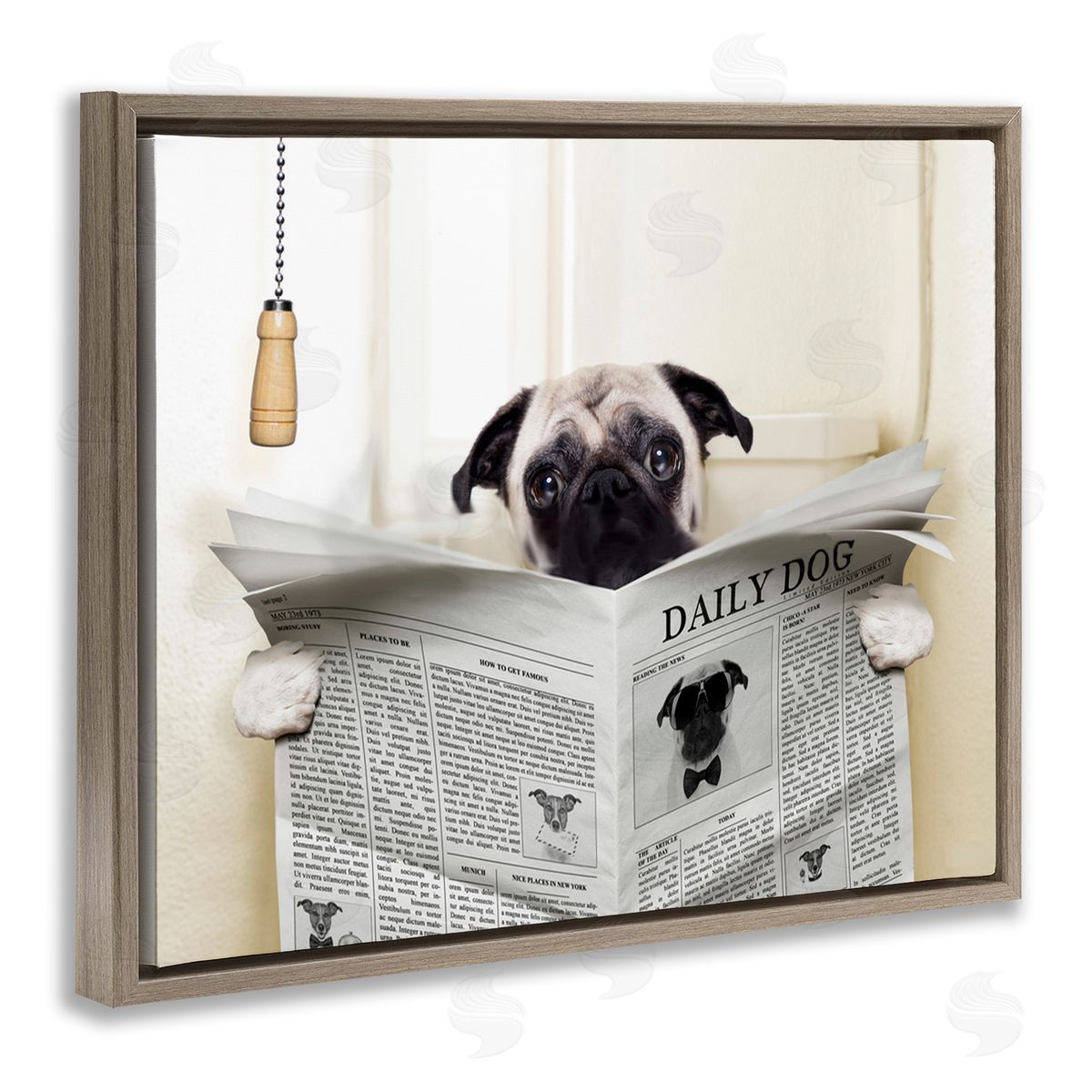 Pug Reading Newspaper in Bathroom Brown Floating Frame Canvas Wall Art, Home Decor by In House Artist