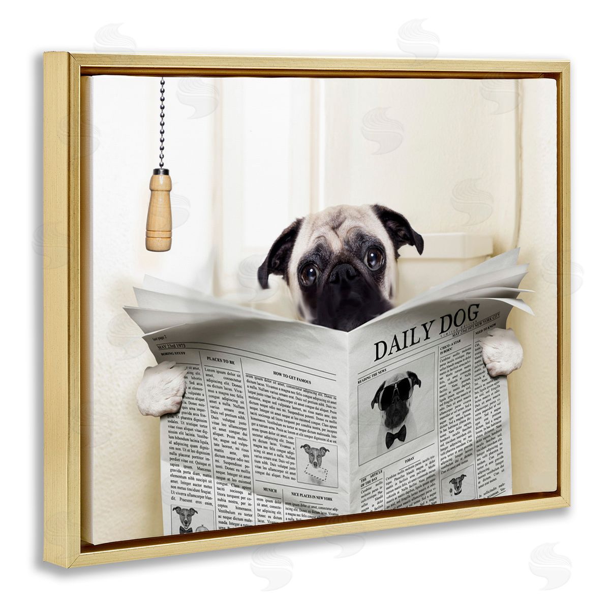 Pug Reading Newspaper in Bathroom Gold Floating Frame Canvas Wall Art, Home Decor by In House Artist