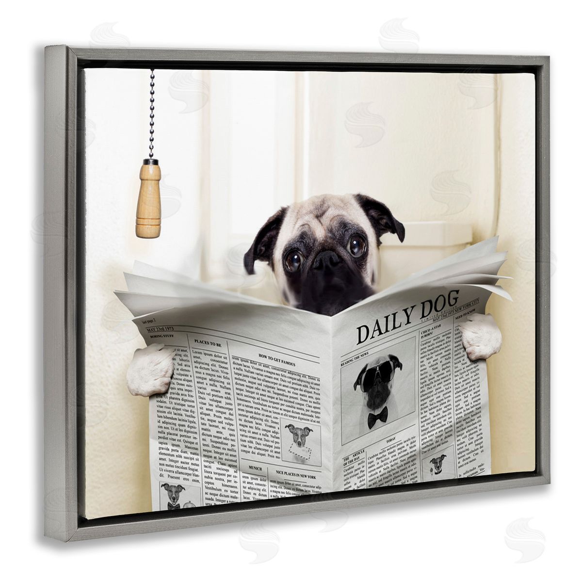 Pug Reading Newspaper in Bathroom Grey Floating Frame Canvas Wall Art, Home Decor by In House Artist