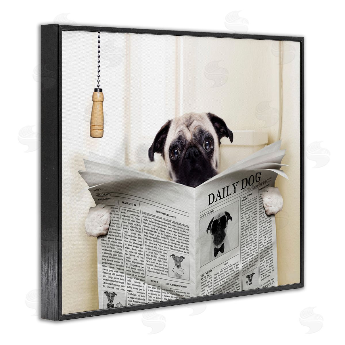 Pug Reading Newspaper in Bathroom Black Frame Print Wall Art, Home Decor by In House Artist
