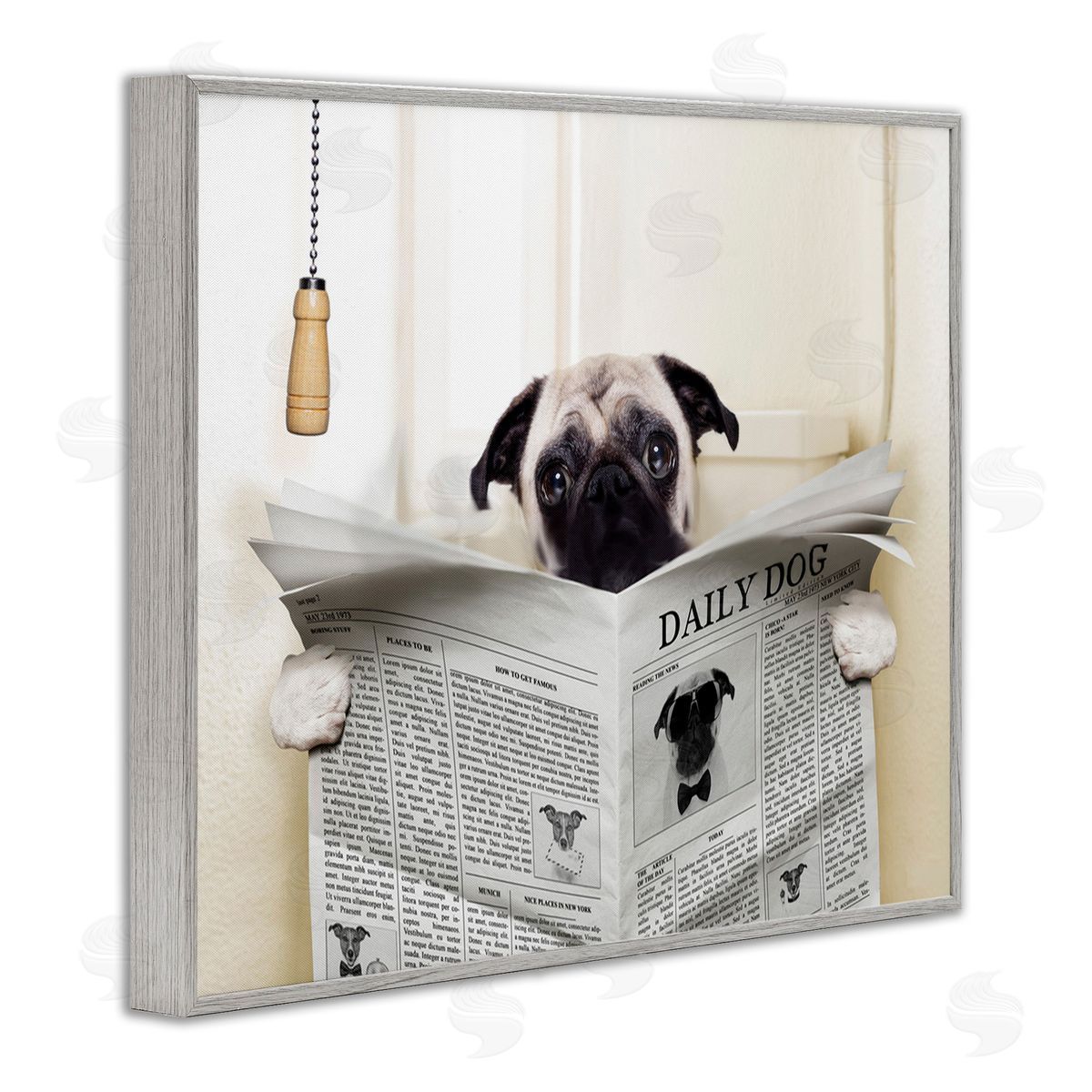 Pug Reading Newspaper in Bathroom Grey Frame Print Wall Art, Home Decor by In House Artist