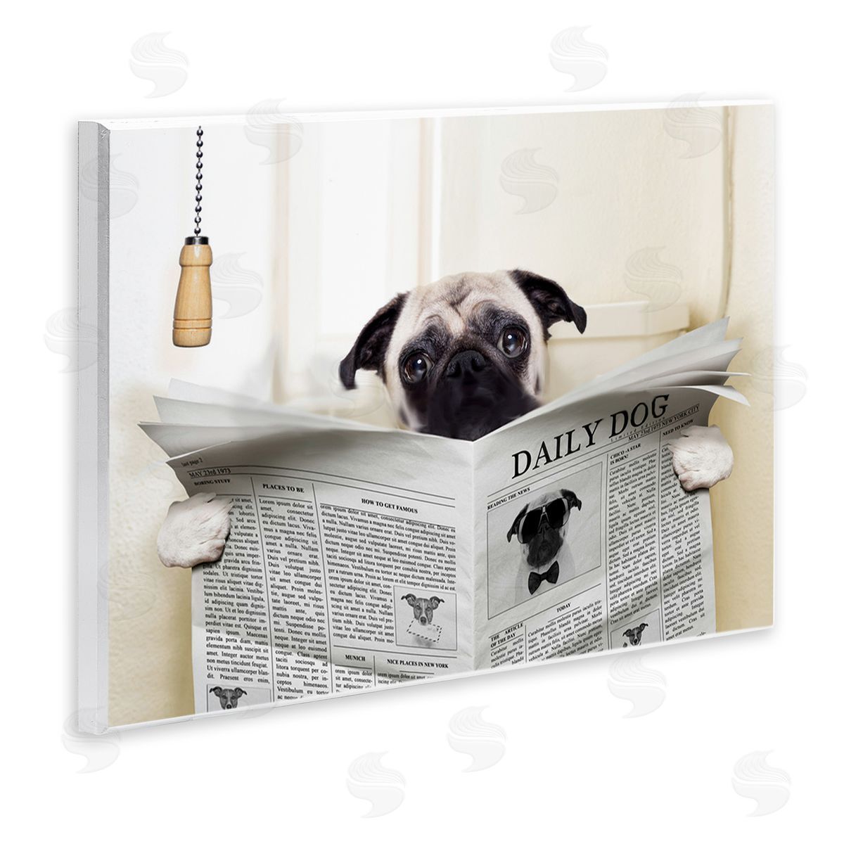 Pug Reading Newspaper in Bathroom Wood Plaque Wall Art, Home Decor by In House Artist