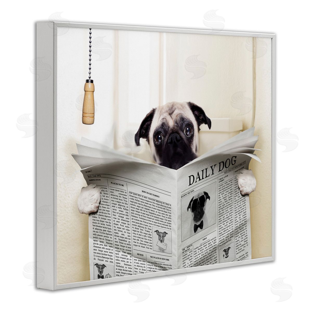 Pug Reading Newspaper in Bathroom White Frame Print Wall Art, Home Decor by In House Artist