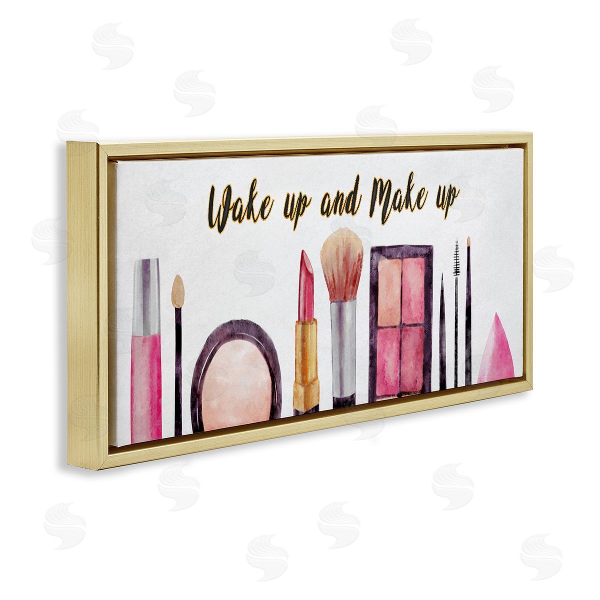 Wake Up Make Up Watercolor Gold Floating Frame Canvas Wall Art, Home Decor by Ziwei Li